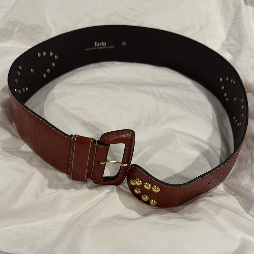 Furla Gold Brown Belt With Elegant Studs- Size 80